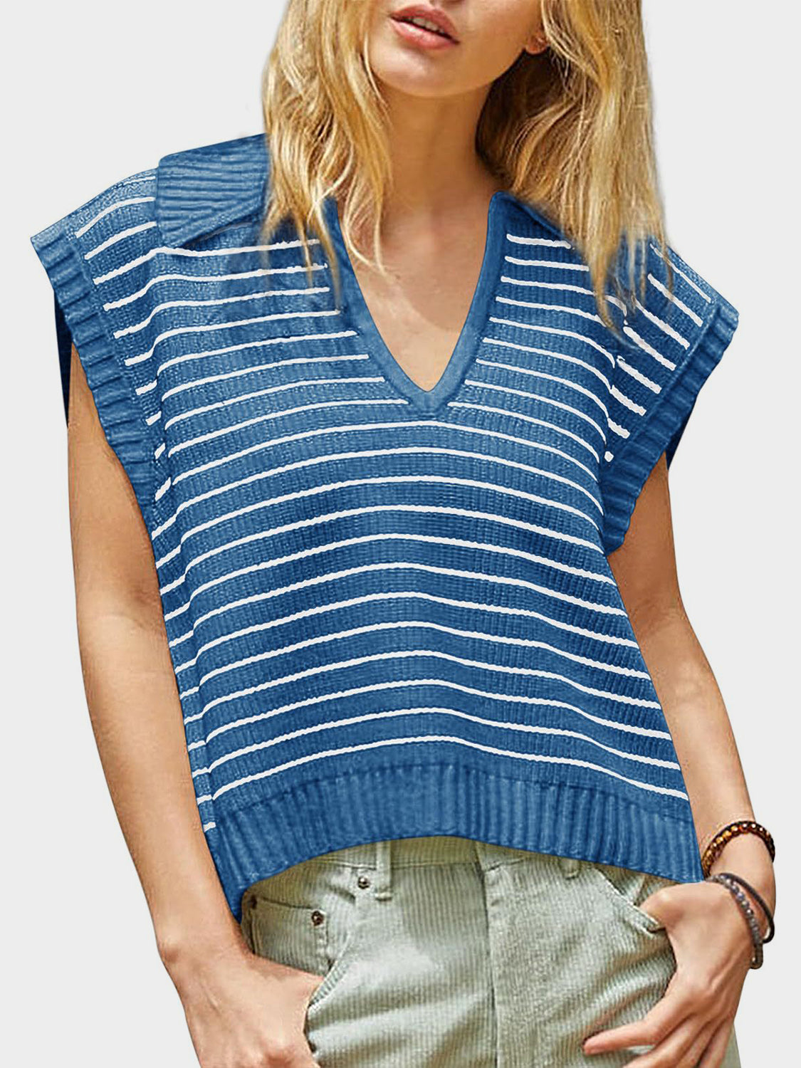Mandy Collared Neck Striped Sweater Vest - The Goddess Galleries