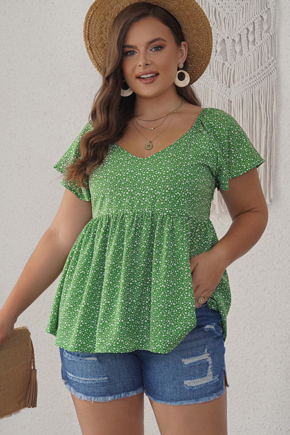 Ditsy Floral Flutter Sleeve Peplum Blouse - The Goddess Galleries