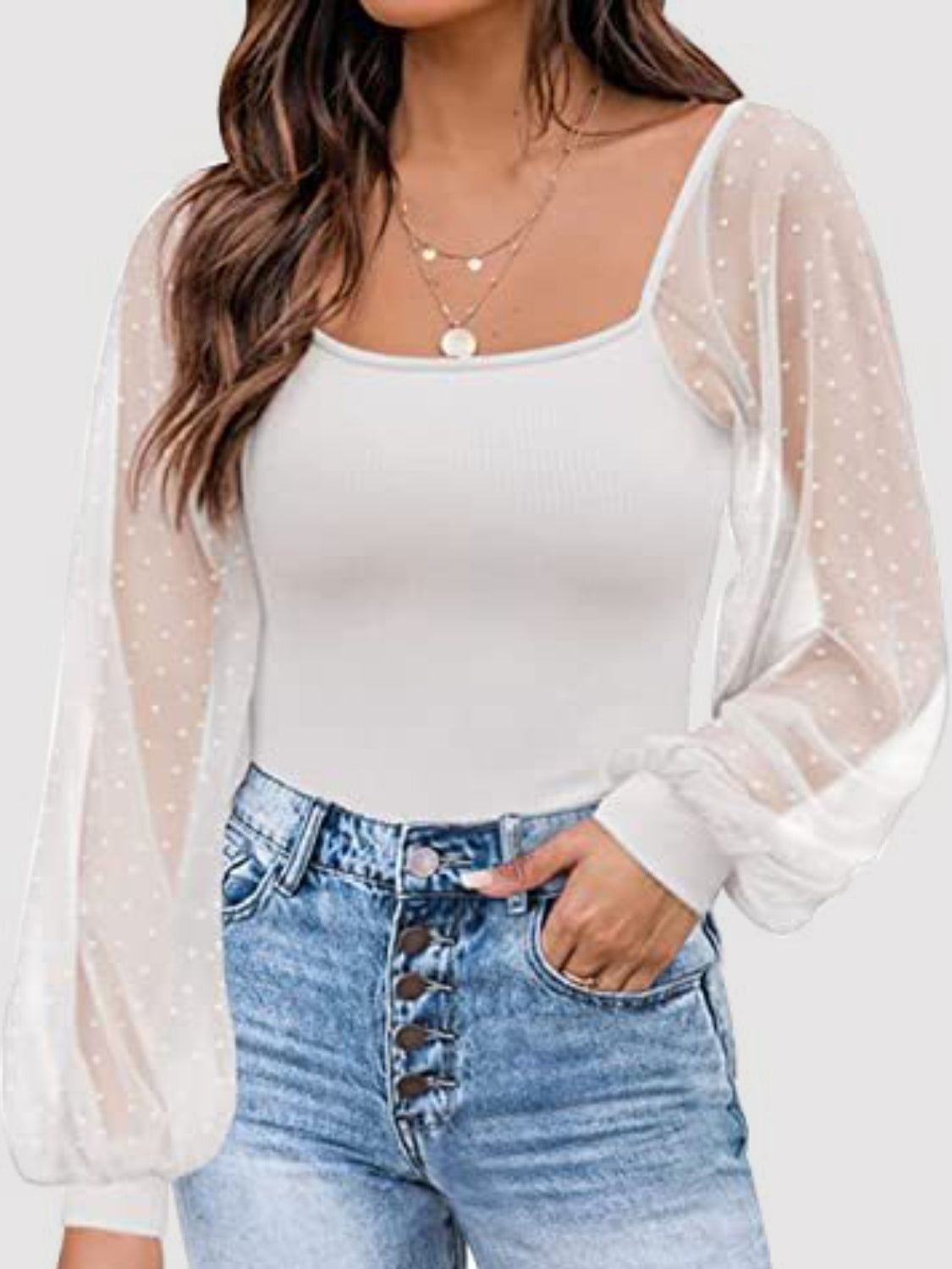 Polka Dot Square Neck Lantern Sleeve Blouse - The Goddess Galleries