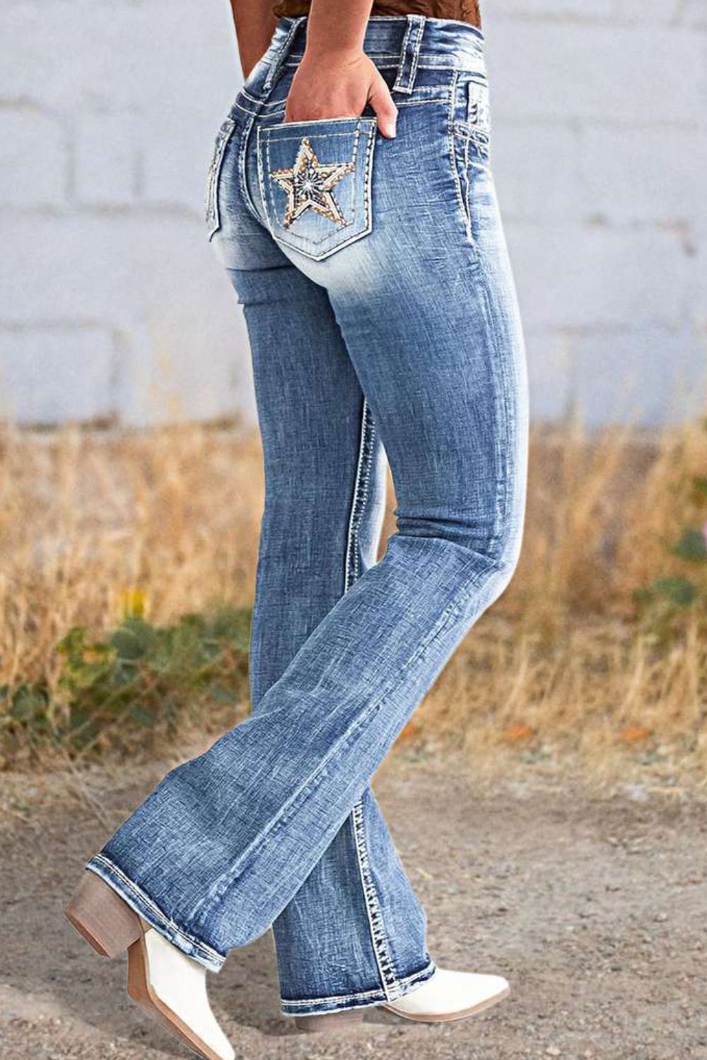 Star Embroidered Bootcut Jeans - The Goddess Galleries