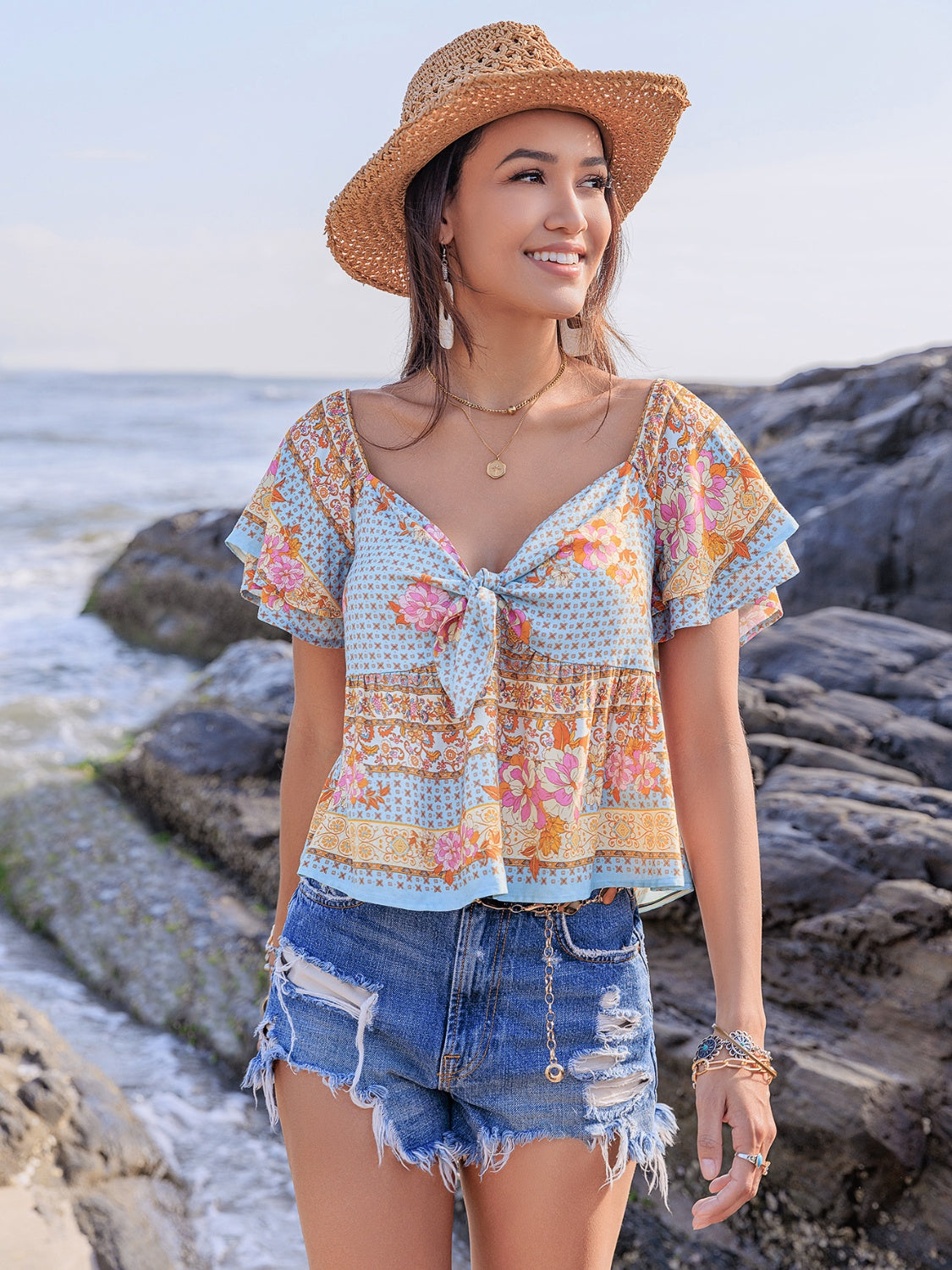 Printed Sweetheart Neck Layered Short Sleeve Blouse - The Goddess Galleries