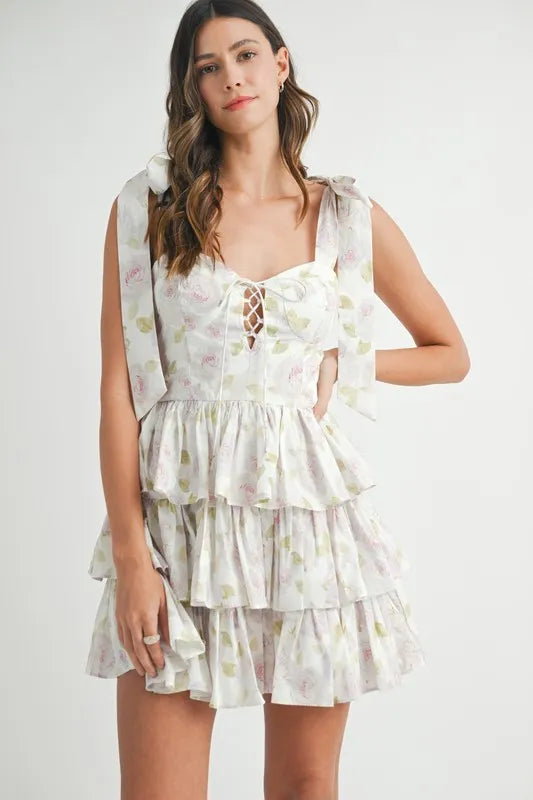 MABLE Floral Print Shoulder Tie Layered Mini Dress - The Goddess Galleries