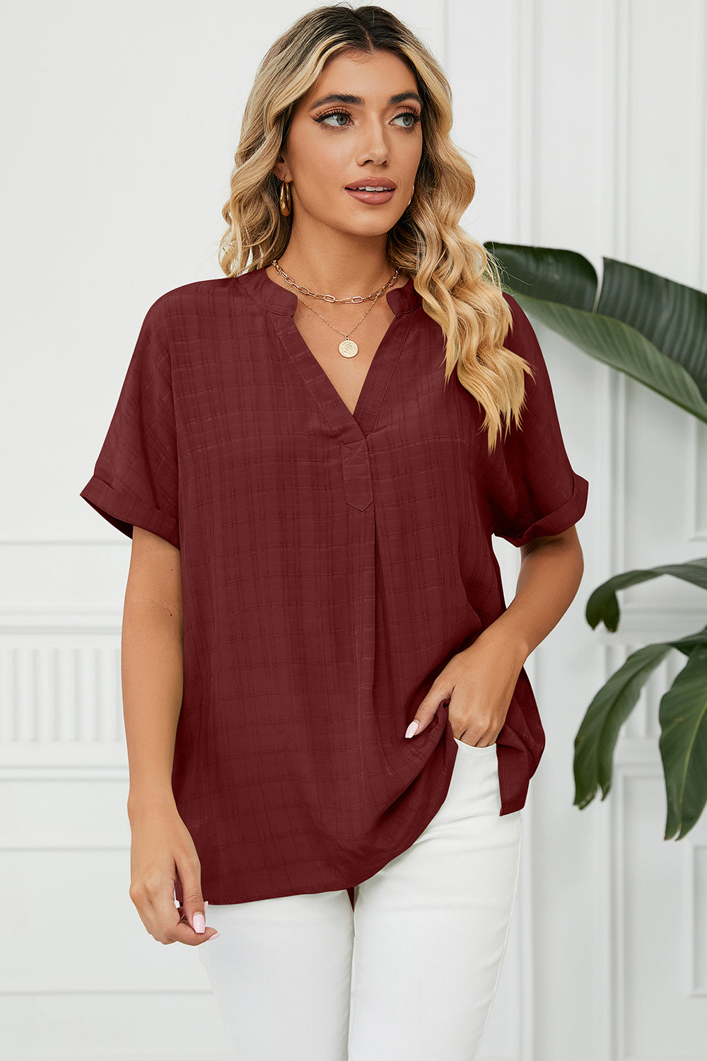 Ruched Notched Short Sleeve Blouse - The Goddess Galleries