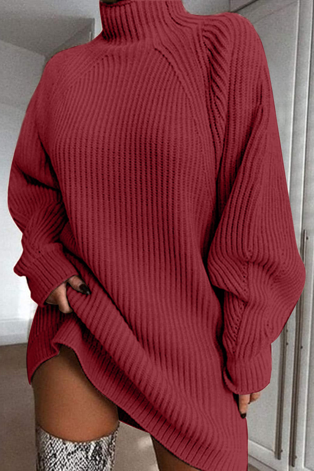 Mock Neck Dropped Shoulder Sweater Dress - The Goddess Galleries