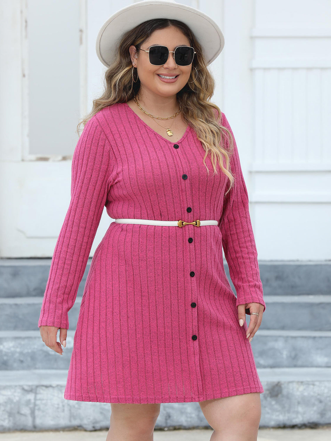 Plus Size Ribbed Buttoned V-Neck Long Sleeve Dress - The Goddess Galleries