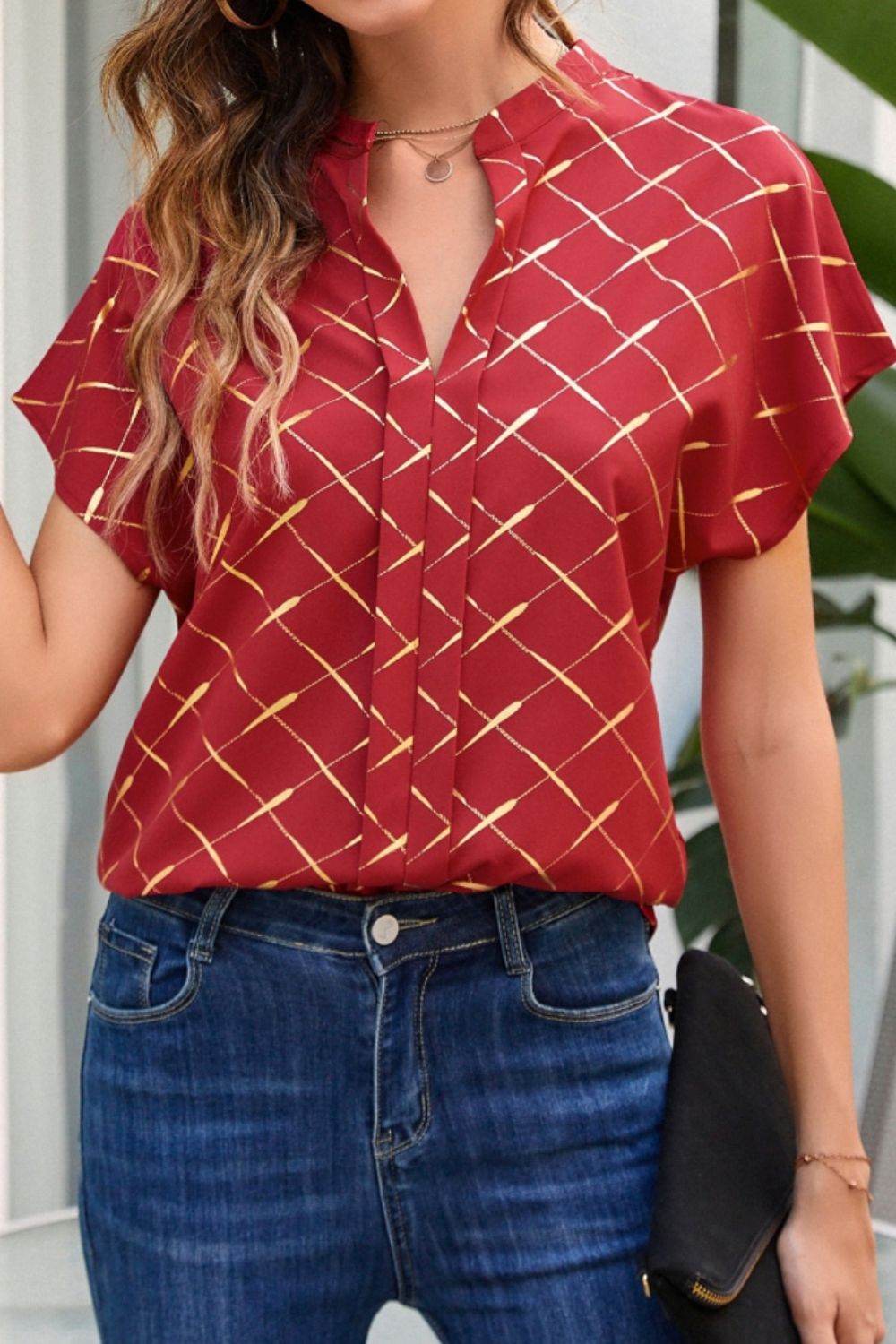 Printed Notched Short Sleeve Blouse - The Goddess Galleries