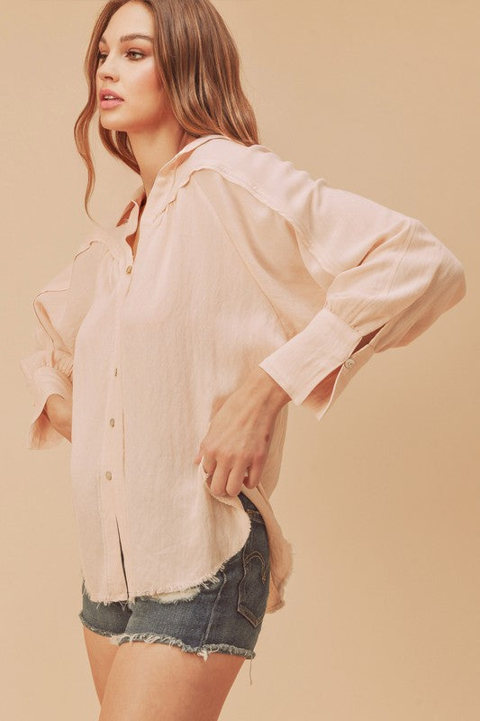 Aemi + Co Raw Hem Button Down Raglan Sleeve Shirt - The Goddess Galleries