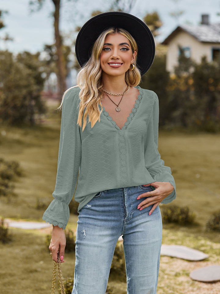 V-Neck Flounce Sleeve Blouse - The Goddess Galleries