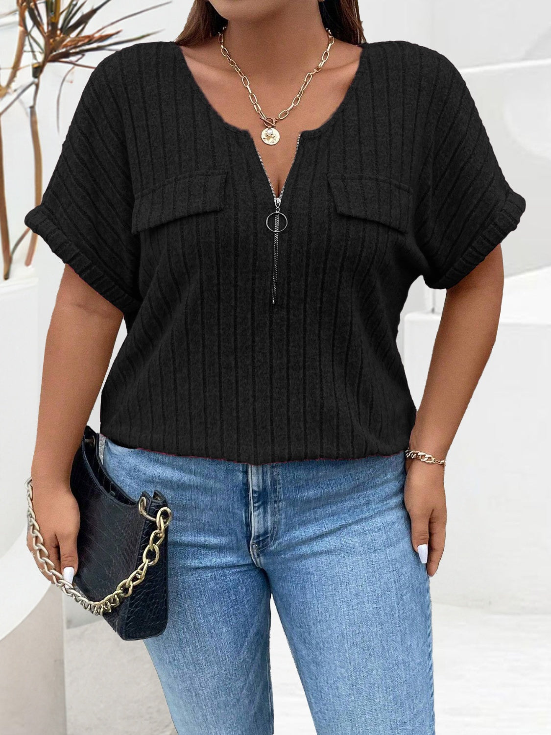 Plus Size Half Zip Short Sleeve T-Shirt - The Goddess Galleries