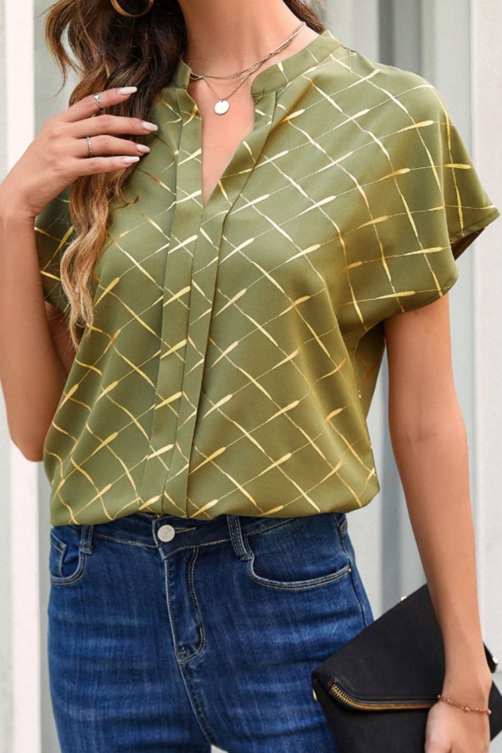 Printed Notched Short Sleeve Blouse - The Goddess Galleries
