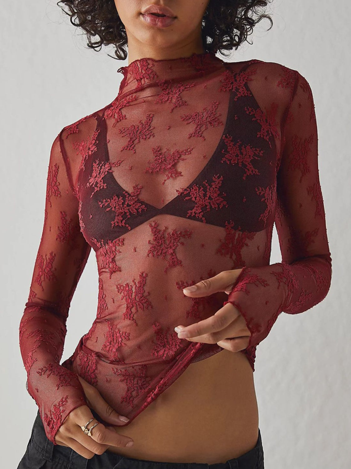 Lace Mock Neck Long Sleeve Blouse - The Goddess Galleries