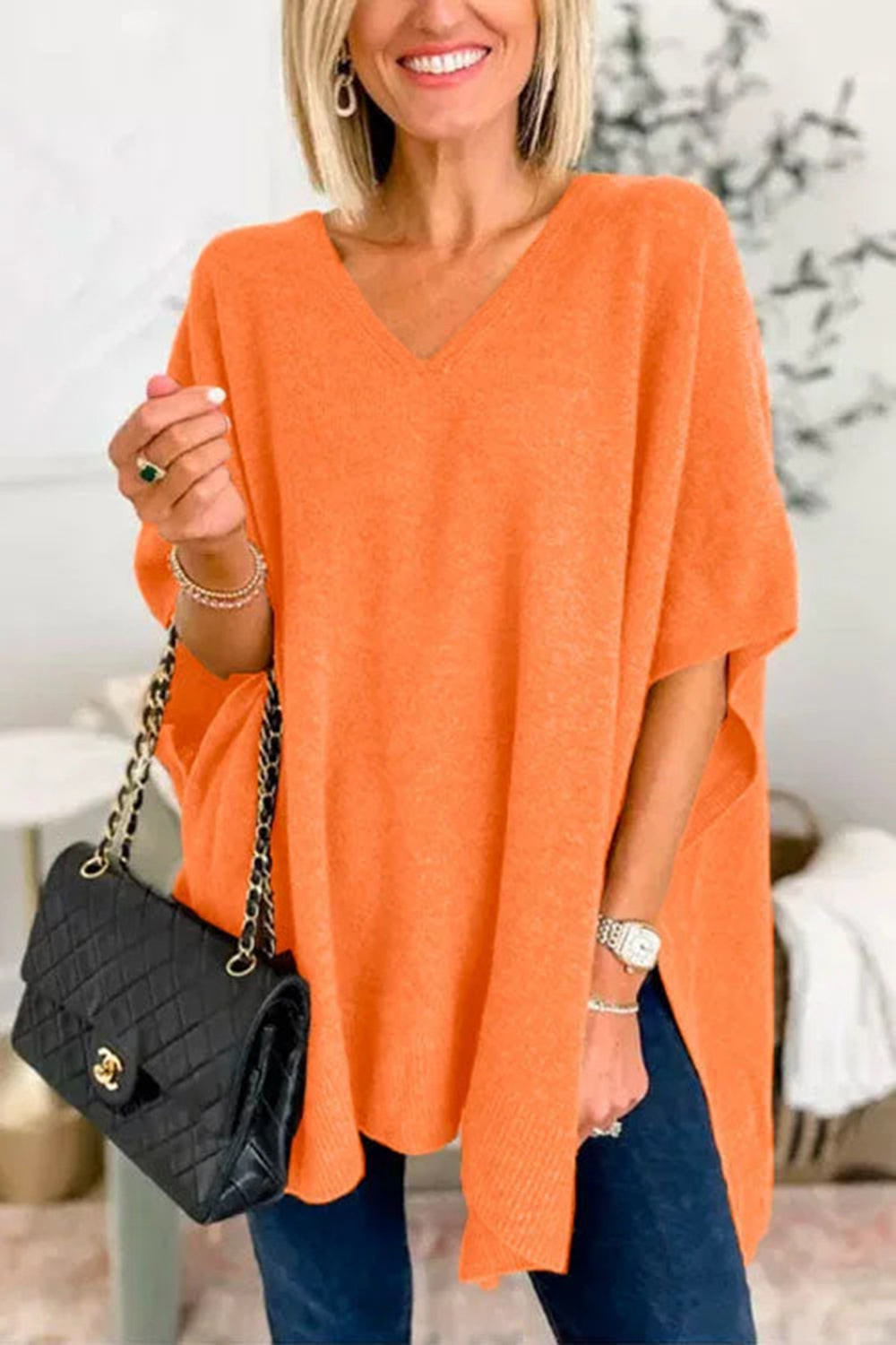 Slit V-Neck Half Sleeve Knit Top - The Goddess Galleries