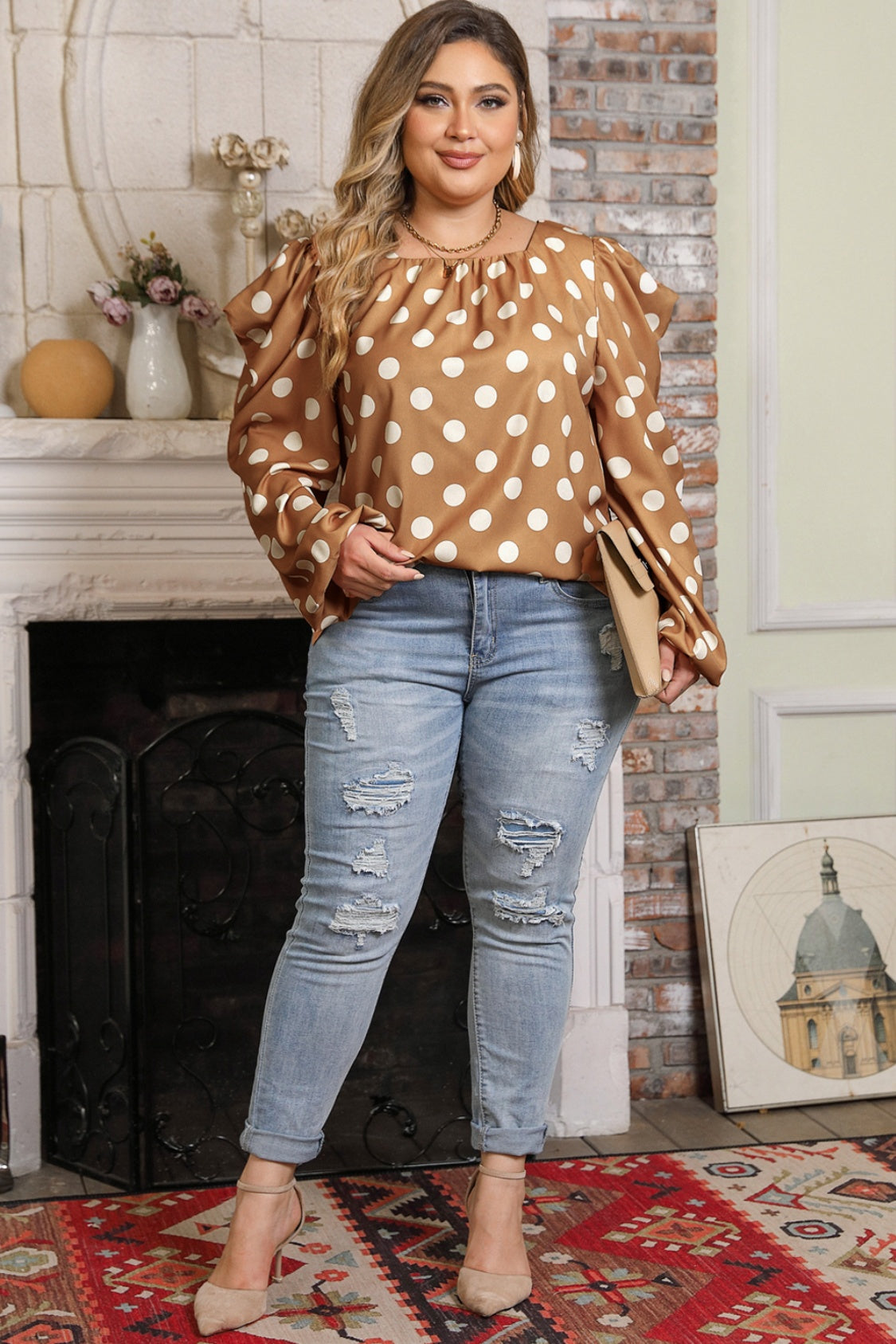Plus Size Polka Dot Long Sleeve Blouse - The Goddess Galleries
