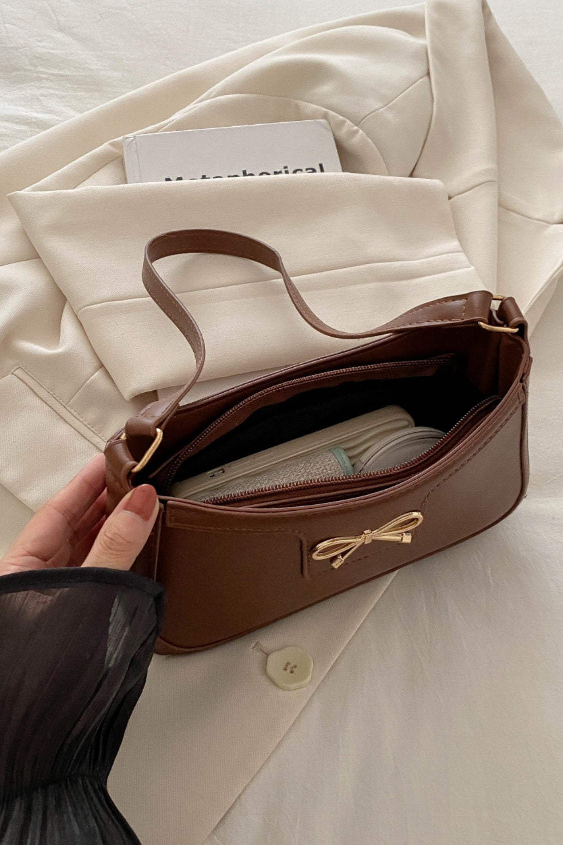 Bow Trim PU Leather Shoulder Bag - The Goddess Galleries