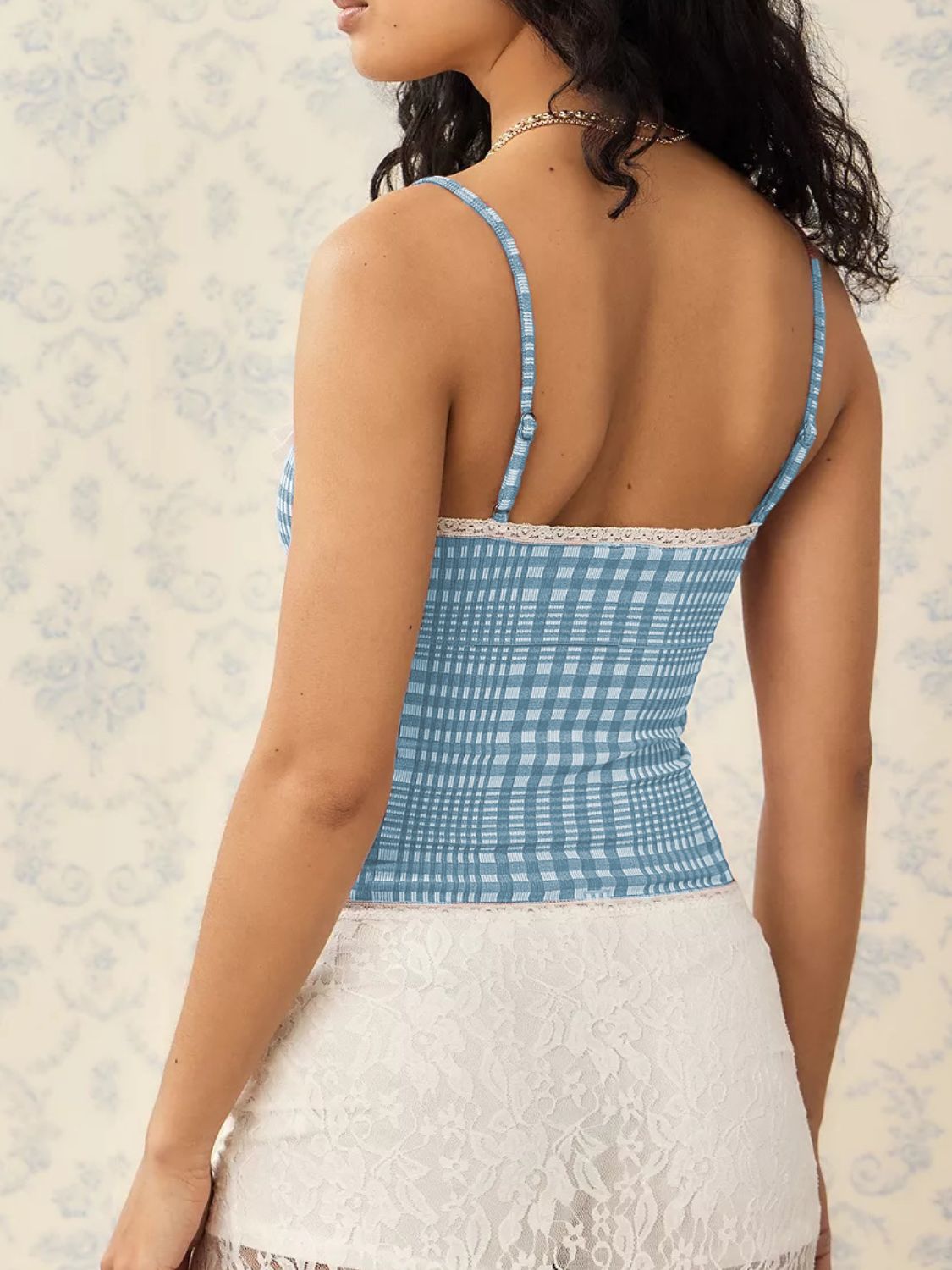 Lace Detail Plaid Square Neck Cami - The Goddess Galleries