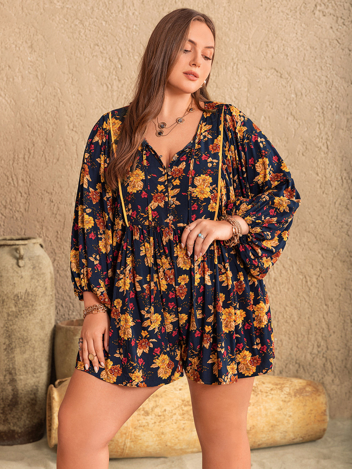Plus Size Floral Tie Neck Balloon Sleeve Romper - The Goddess Galleries