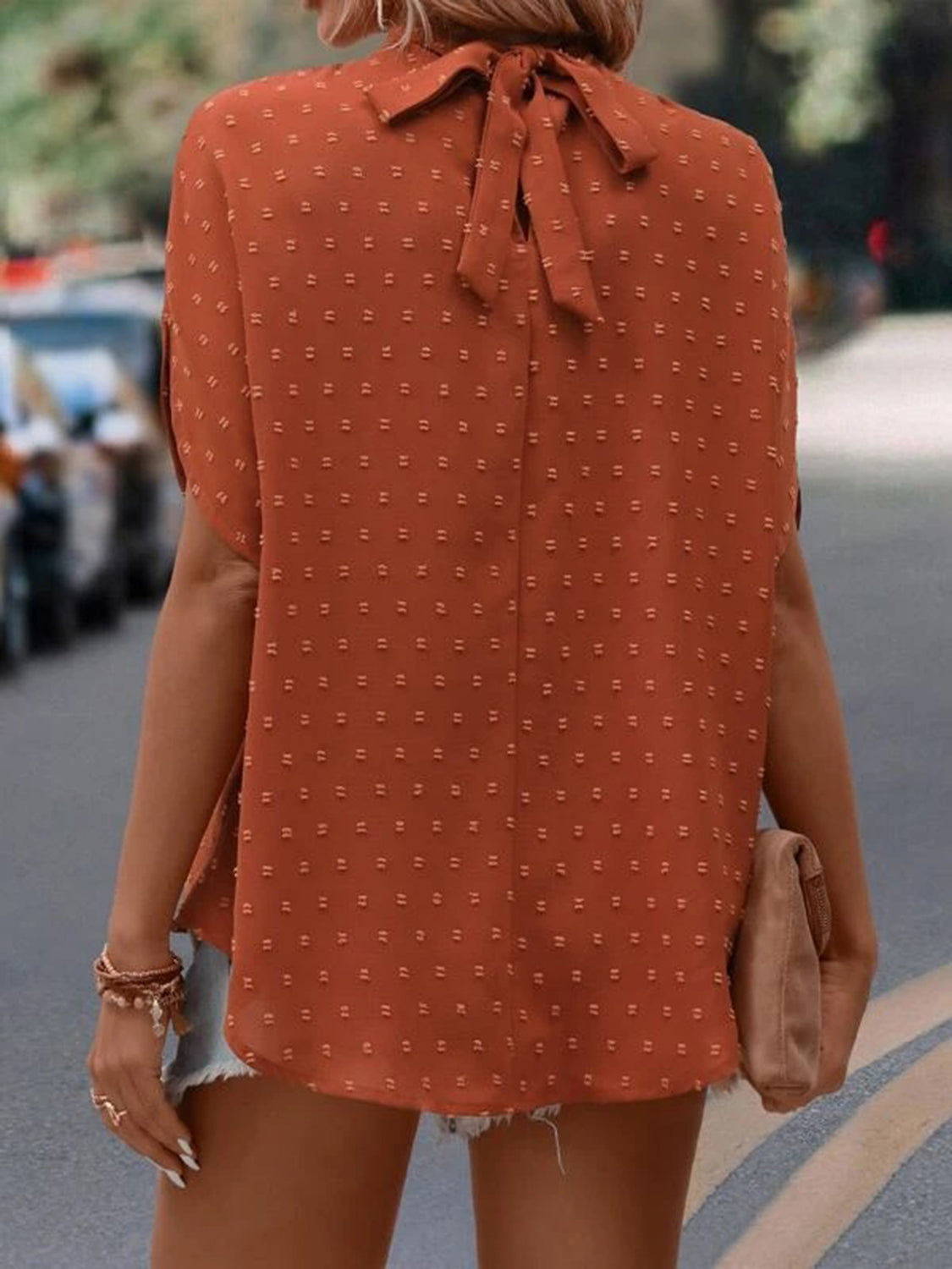 Swiss Dot Mock Neck Half Sleeve Blouse - The Goddess Galleries