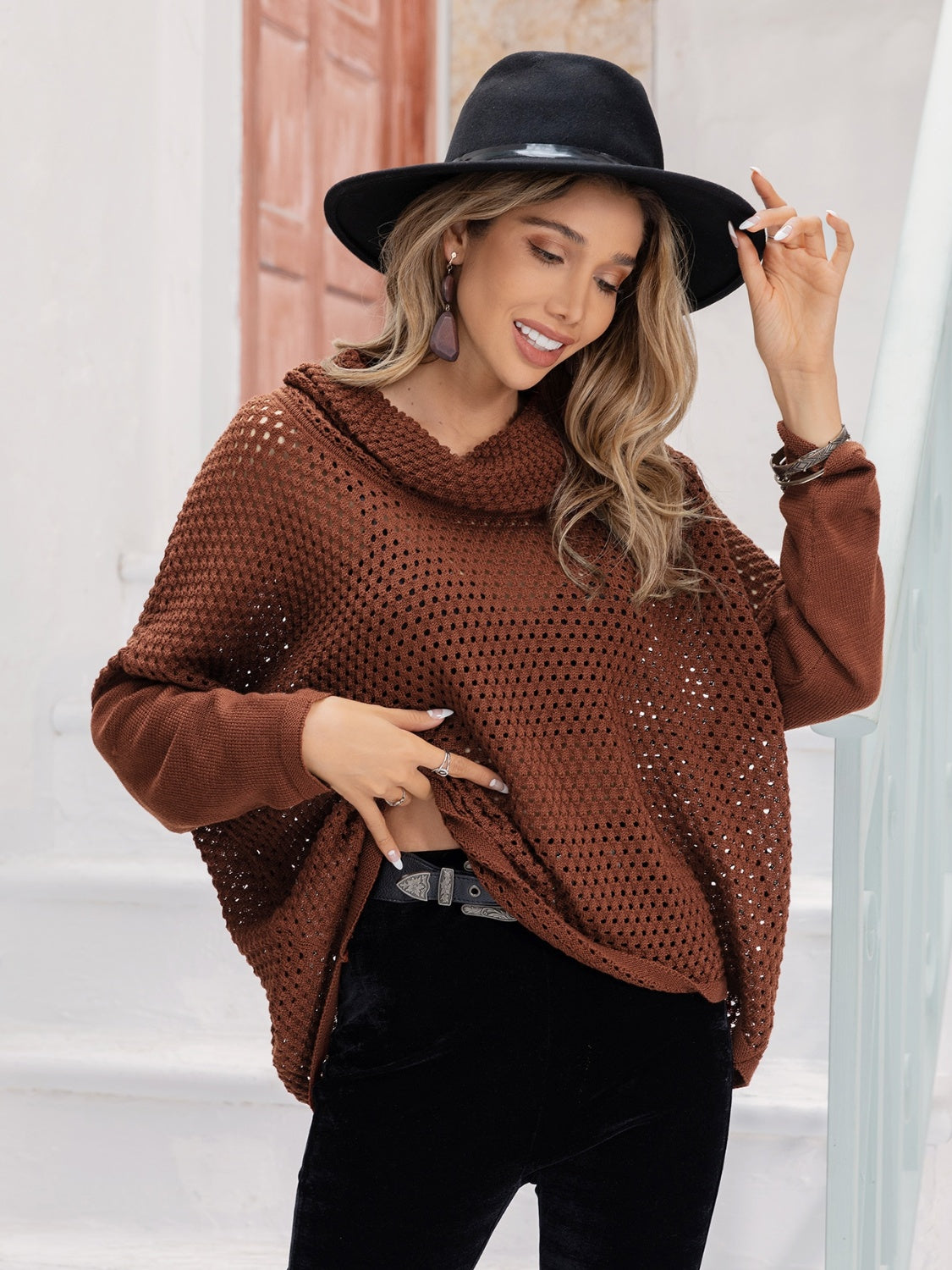 Openwork Mock Neck Dropped Shoulder Sweater - The Goddess Galleries