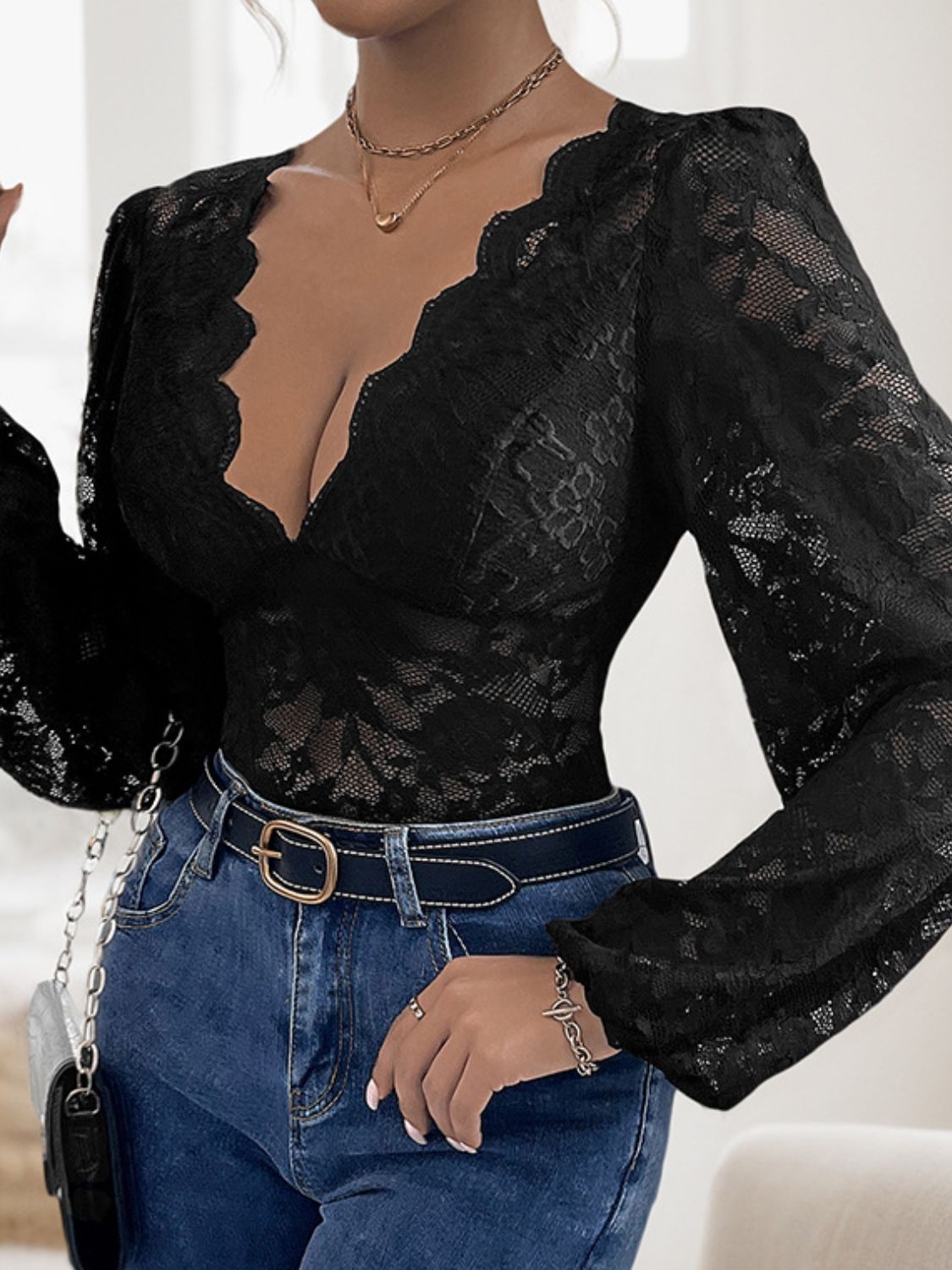 Perfee Lace Plunge Long Sleeve Bodysuit - The Goddess Galleries