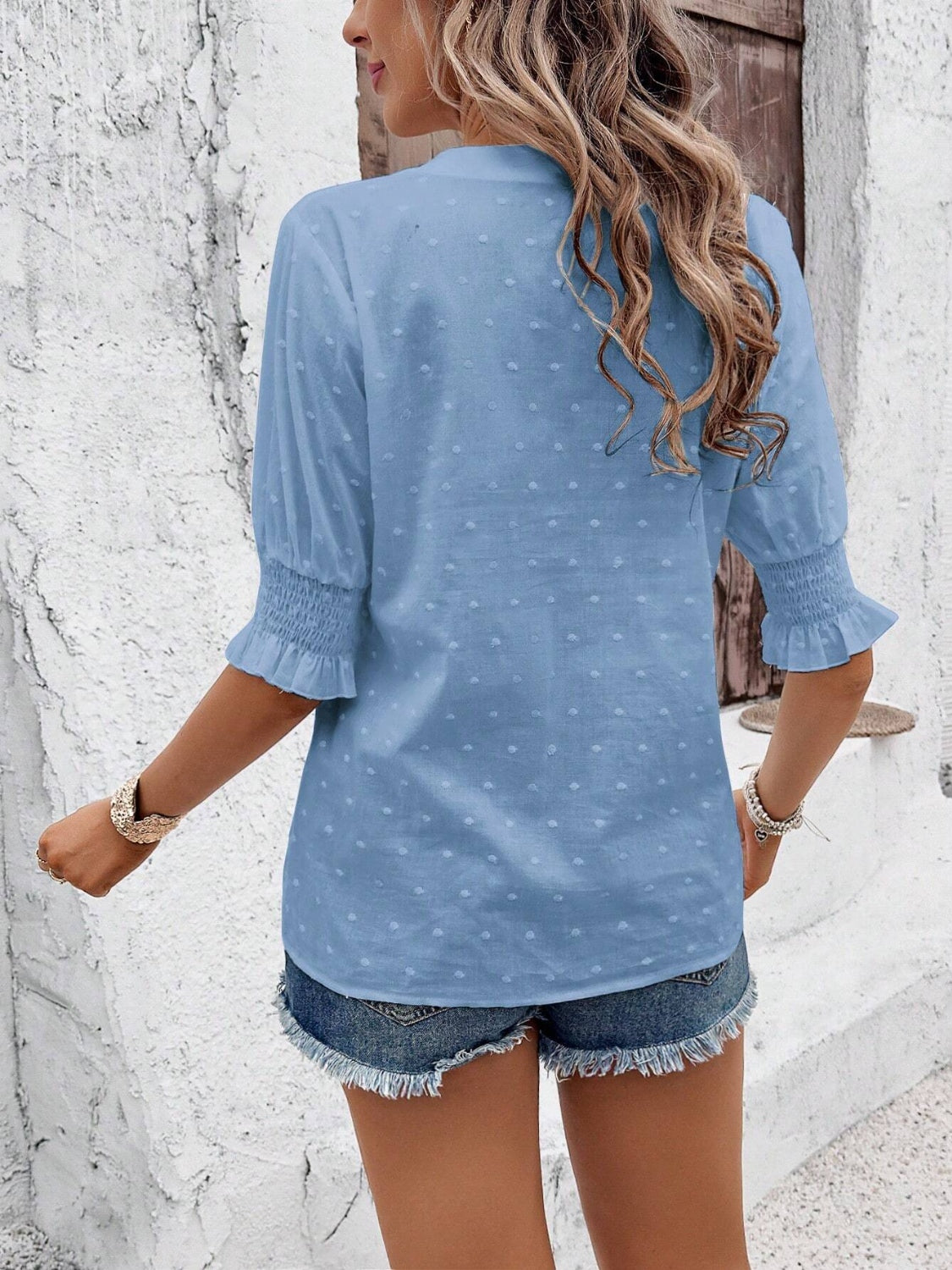 Eyelet Notched Flounce Sleeve Blouse - The Goddess Galleries