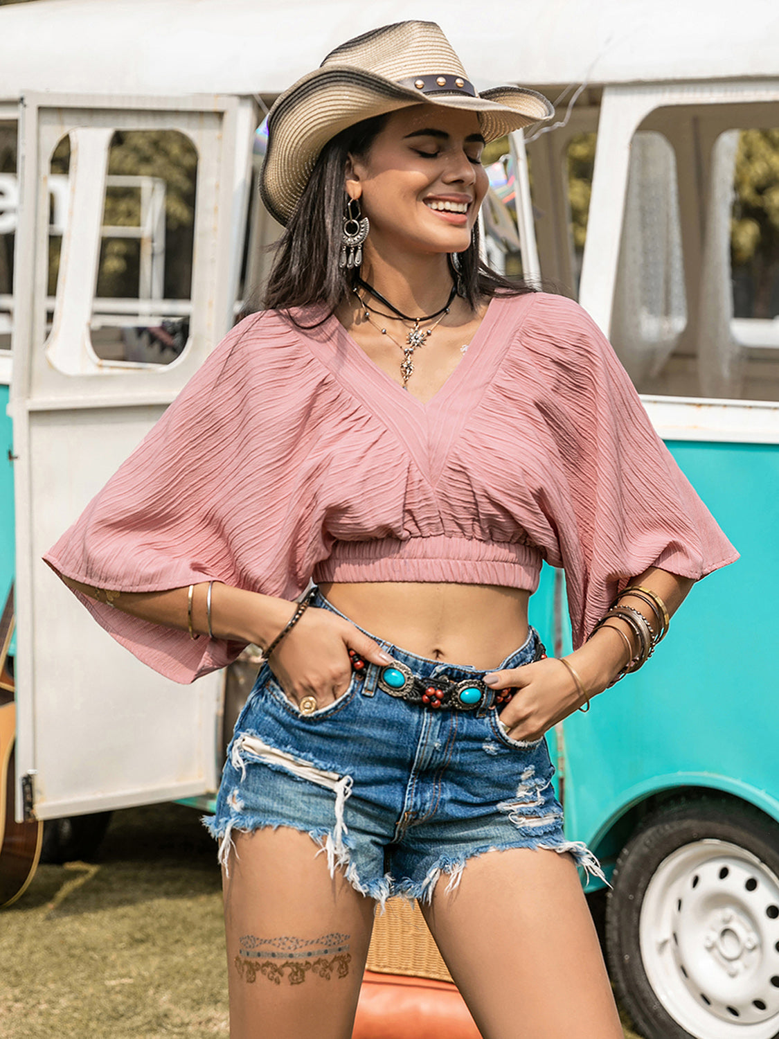 Textured V-Neck Crop Top - The Goddess Galleries