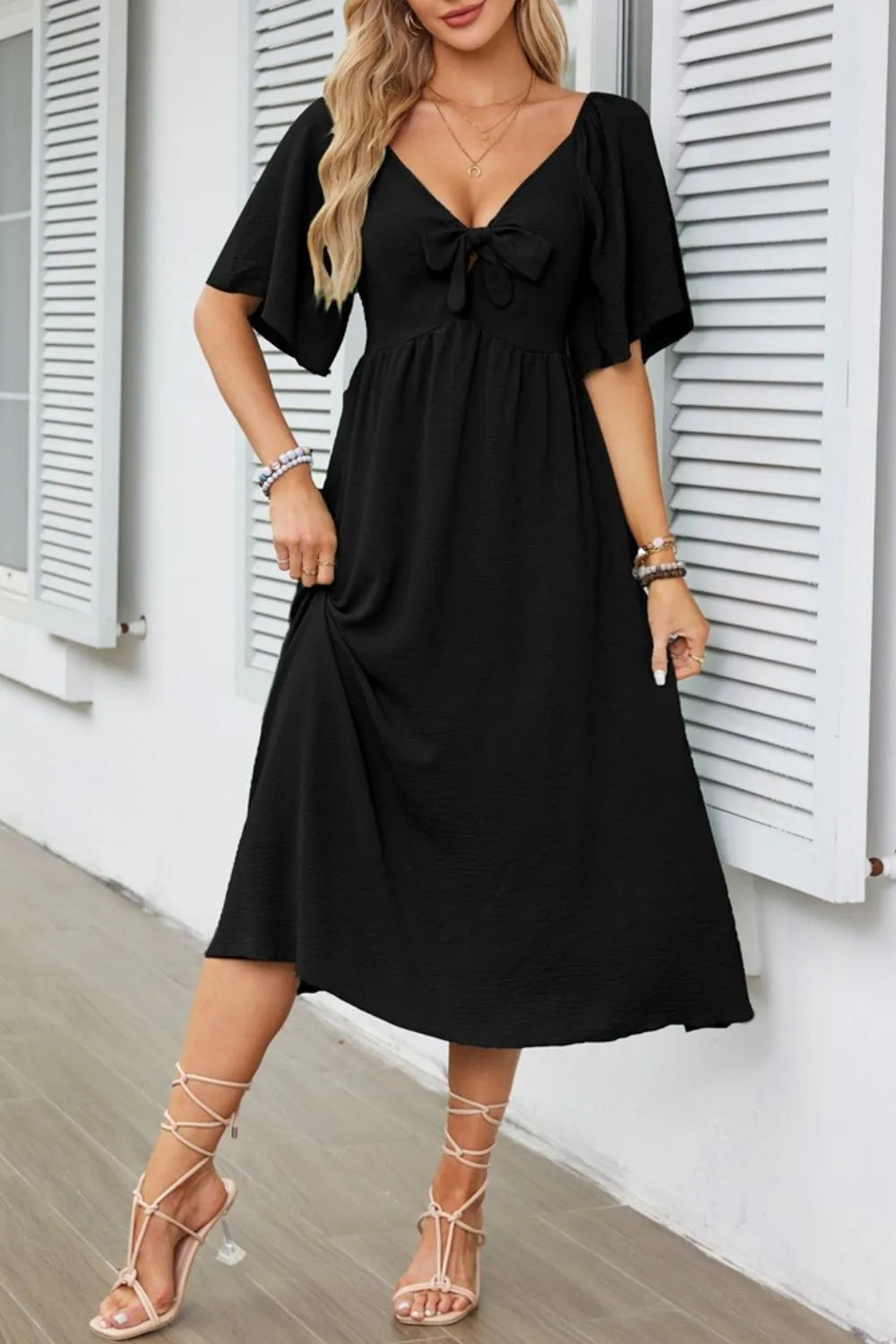 Smocked Tie Front Flutter Sleeve Midi Dress - The Goddess Galleries