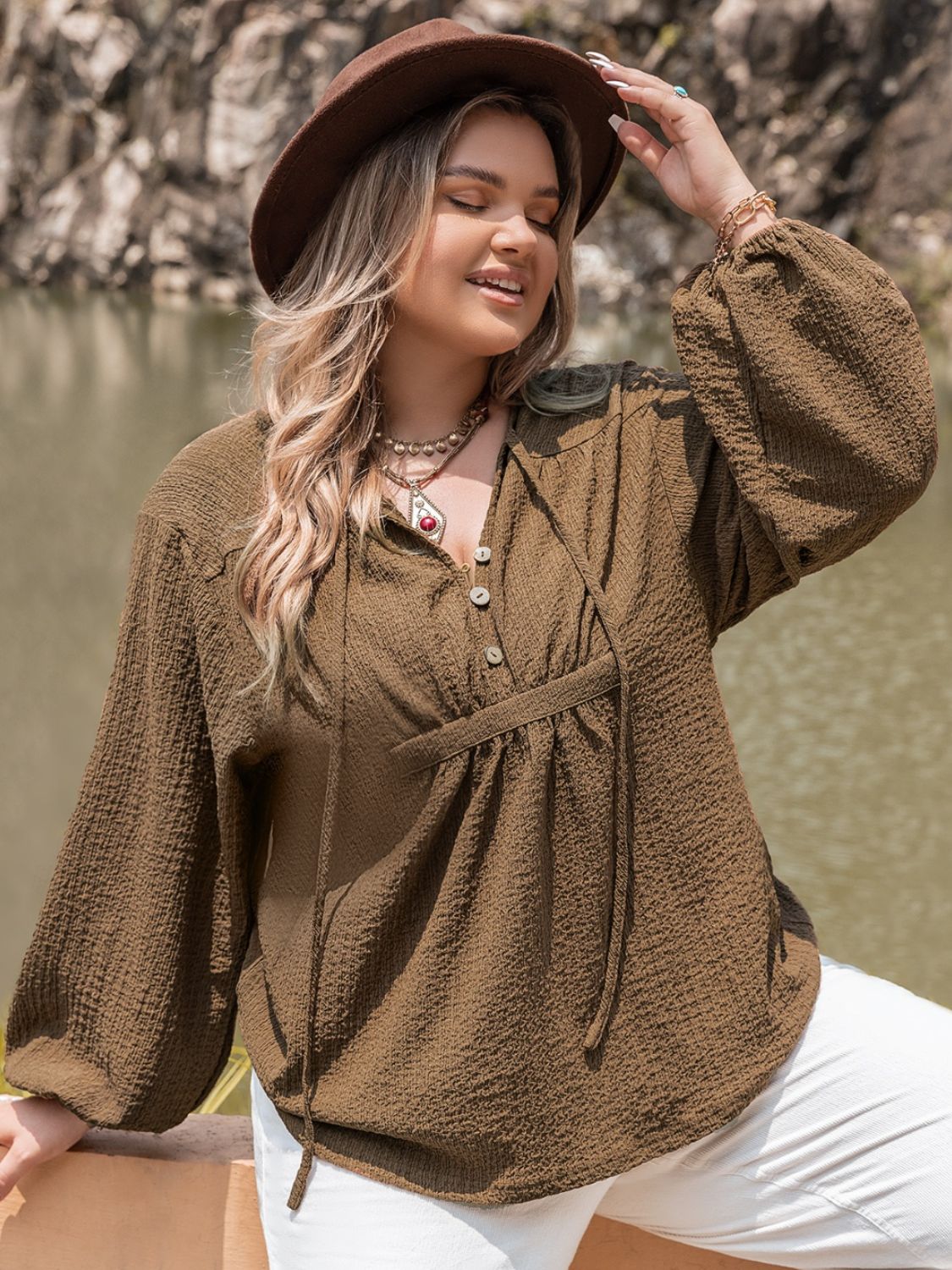 Plus Size Tie Neck Long Sleeve Blouse - The Goddess Galleries