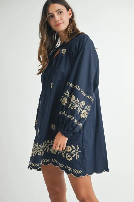 MABLE Embroidered Long Sleeve Peasant Mini Dress - The Goddess Galleries