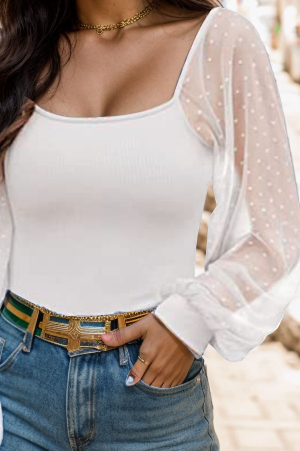 Polka Dot Square Neck Lantern Sleeve Blouse - The Goddess Galleries