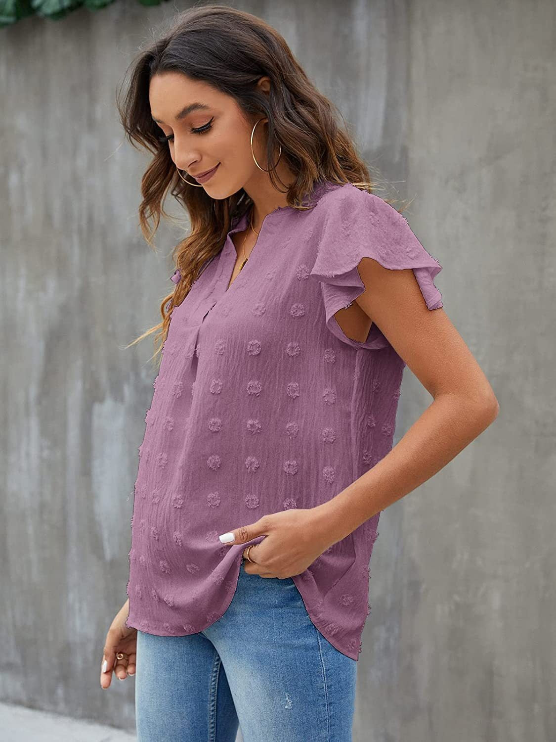 Swiss Dot Notched Flutter Sleeve Blouse - The Goddess Galleries