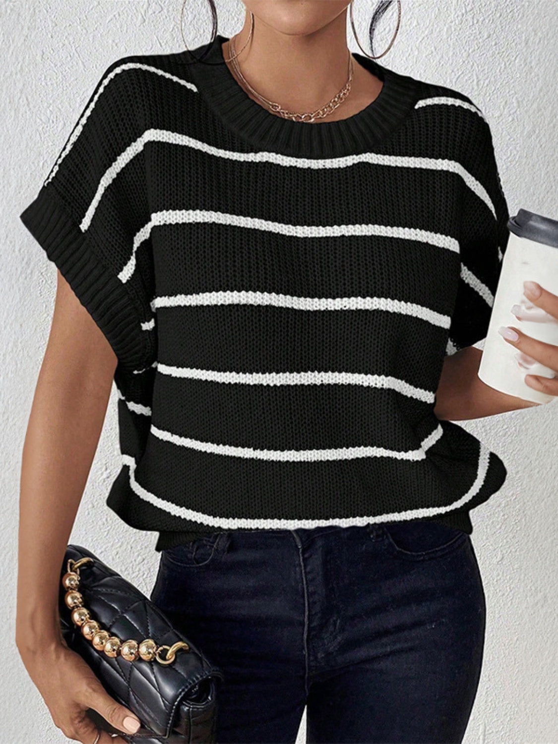 Striped Round Neck Short Sleeve Knit Top - The Goddess Galleries