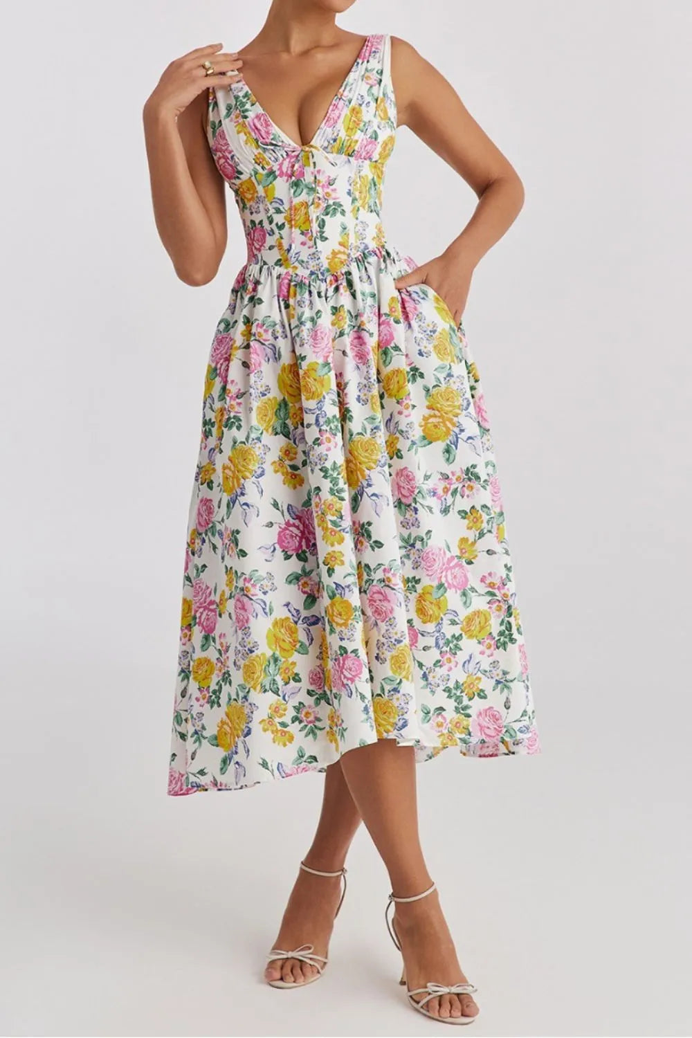 Floral V-Neck Sleeveless Midi Dress with Pockets - The Goddess Galleries