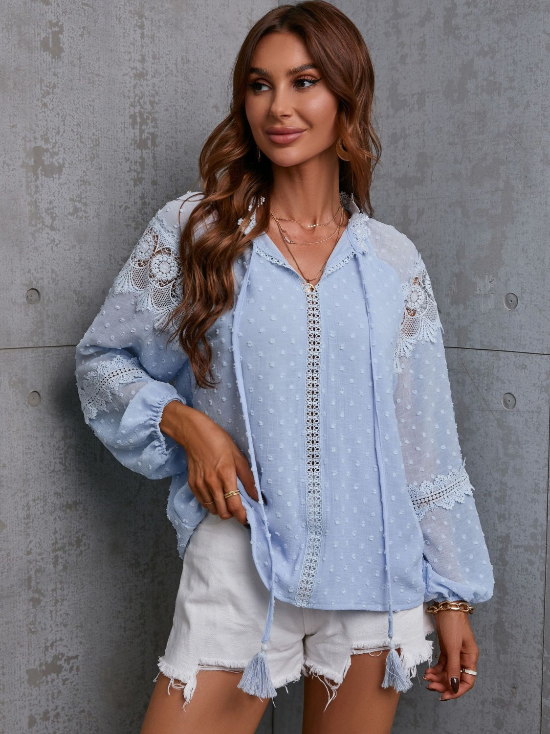 Crochet Tassel Tie Neck Long Sleeve Blouse - The Goddess Galleries