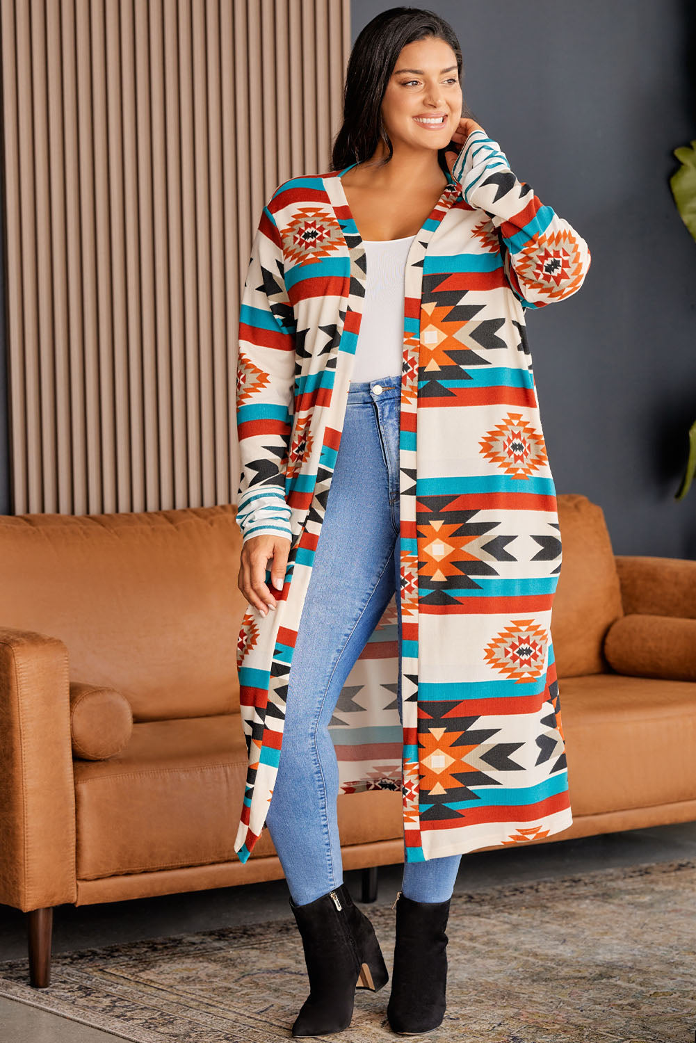 Plus Size Geometric Open Front Longline Cardigan - The Goddess Galleries