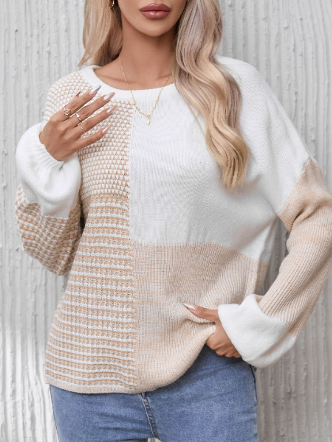 Contrast Round Neck Long Sleeve Sweater - The Goddess Galleries