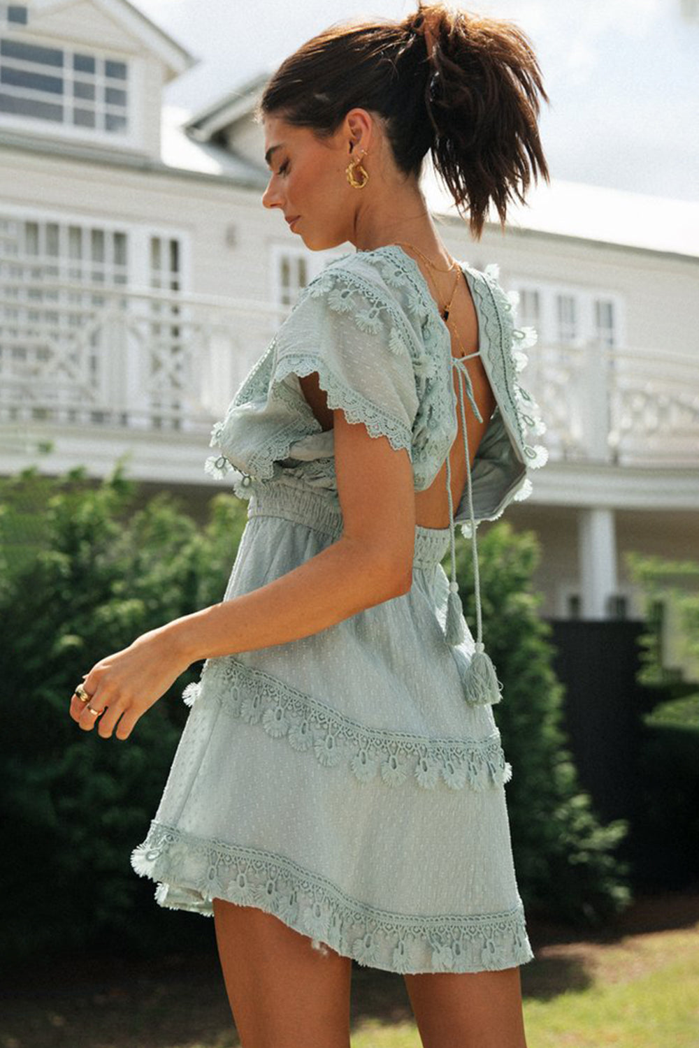 Lace Detail Plunge Short Sleeve Mini Dress - The Goddess Galleries