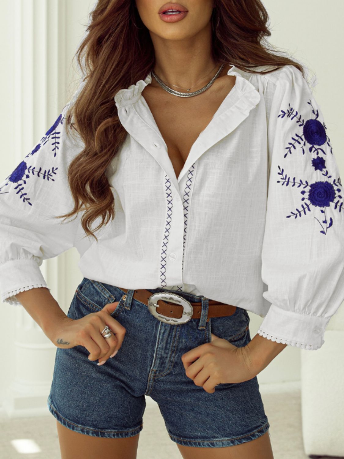 Frill Floral Embroidered Sleeve Shirt - The Goddess Galleries