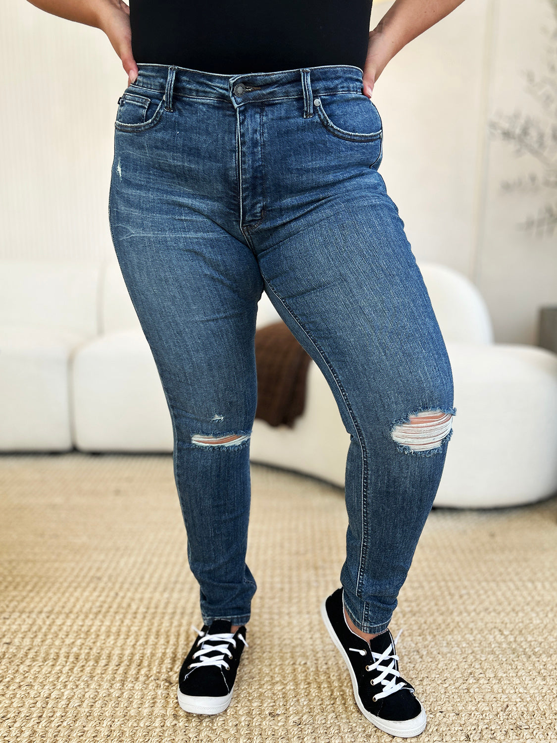 Judy Blue Full Size Mid Waist Distressed Slim Jeans - The Goddess Galleries