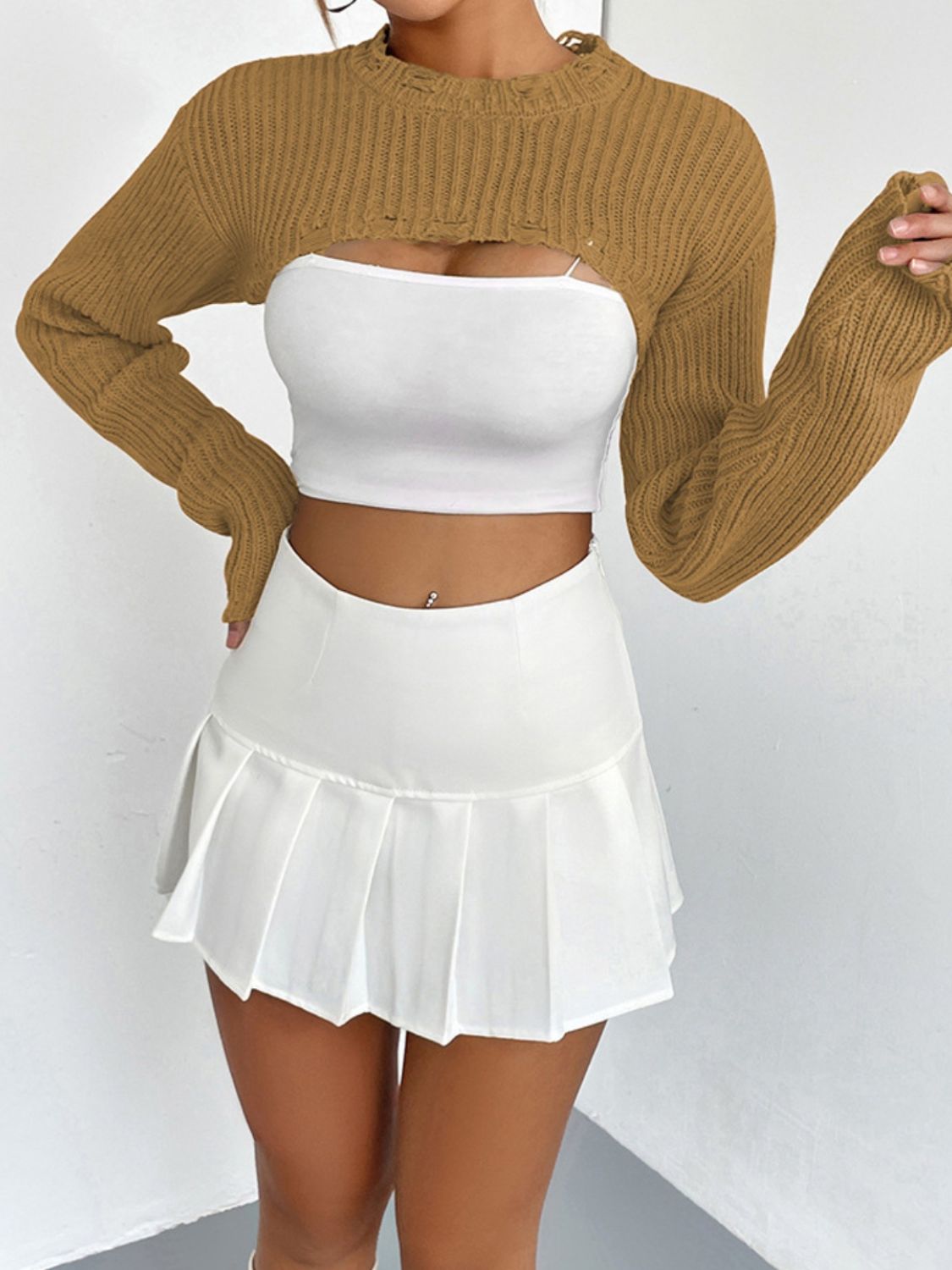 Distressed Long Sleeve Cropped Sweater - The Goddess Galleries