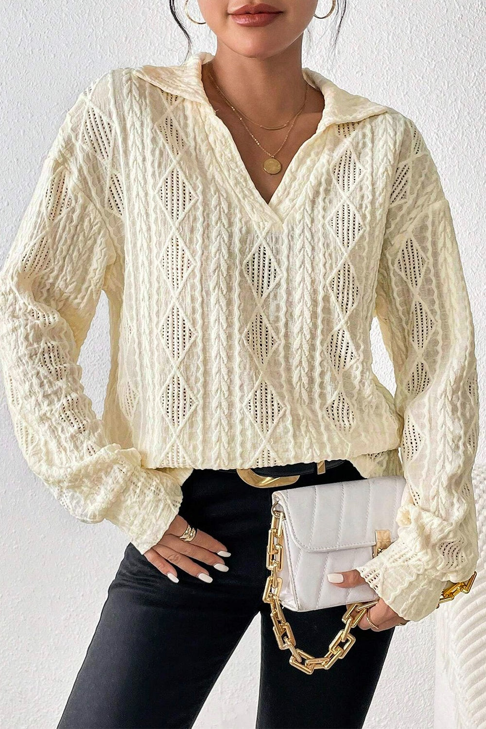 Eyelet Johnny Collar Dropped Shoulder Blouse - The Goddess Galleries