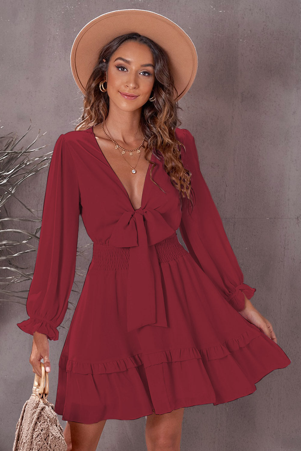 Tied Plunge Smocked Waist Flounce Sleeve Dress - The Goddess Galleries