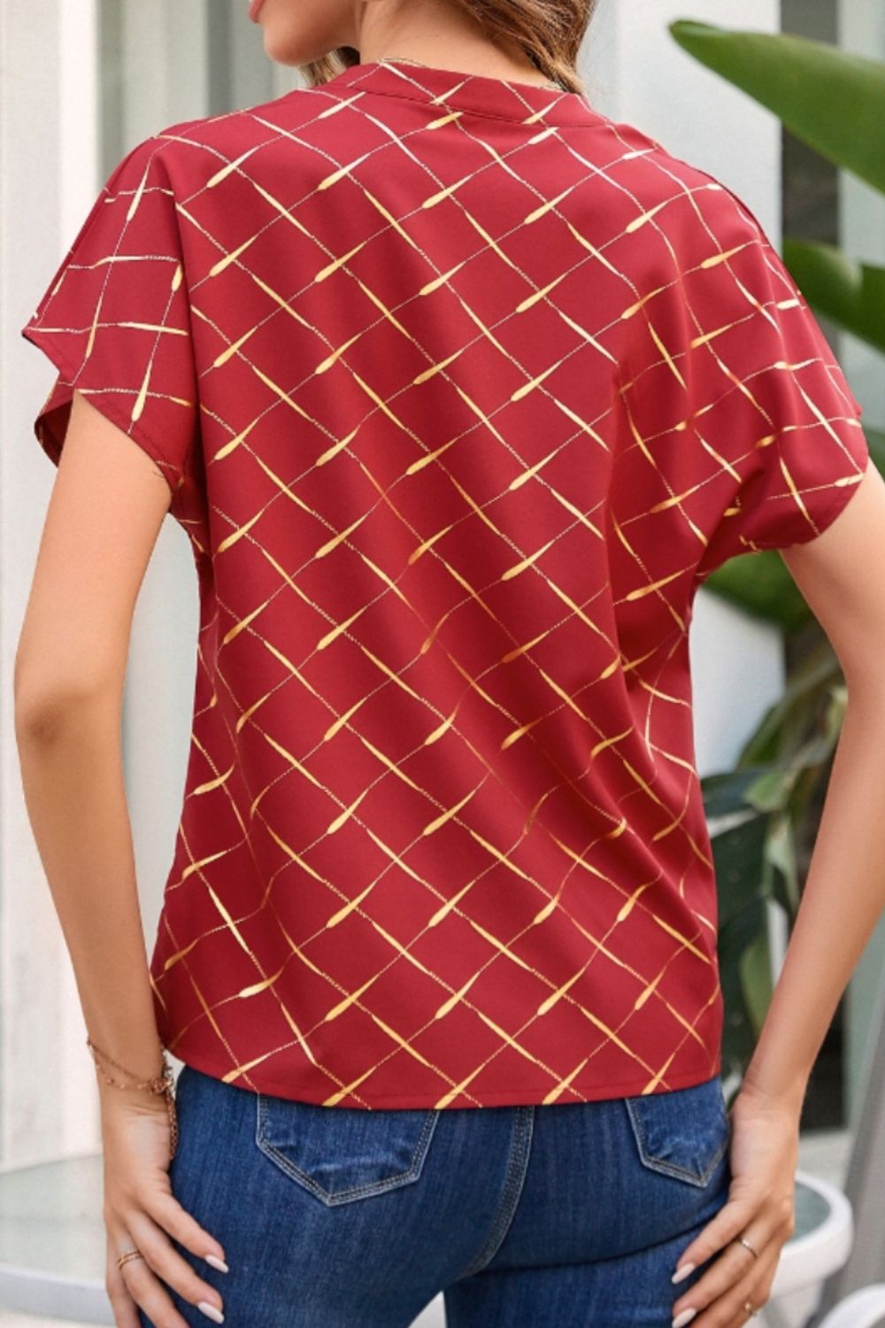 Printed Notched Short Sleeve Blouse - The Goddess Galleries