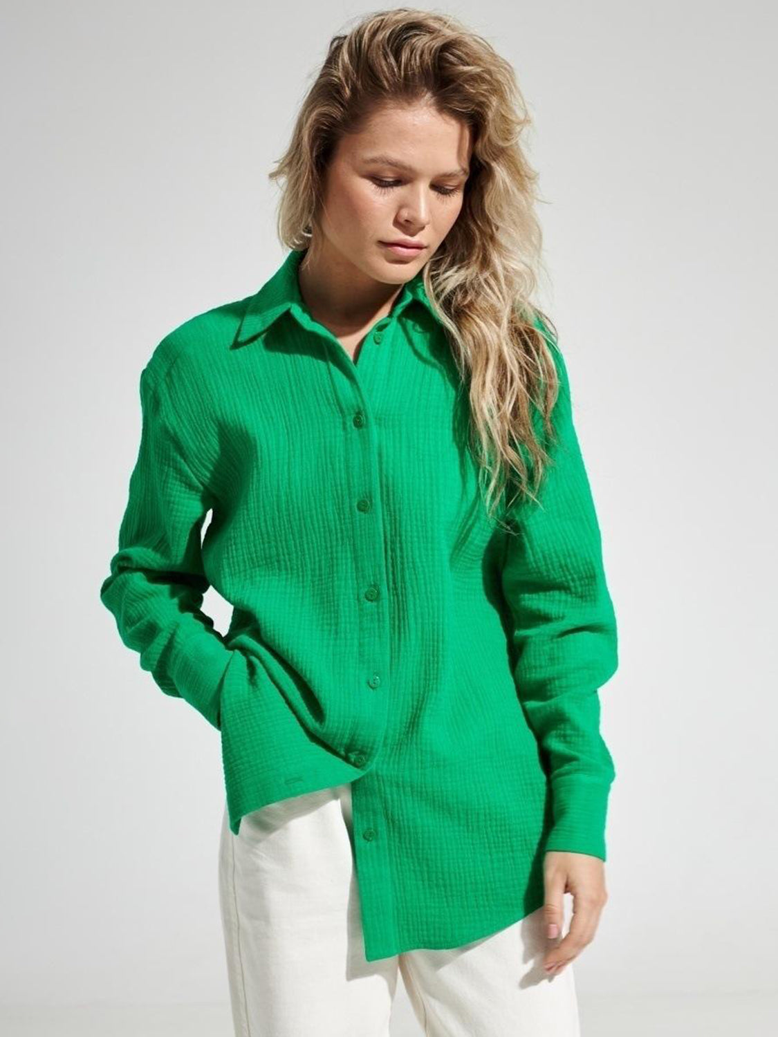 Textured Collared Neck Long Sleeve Shirt - The Goddess Galleries