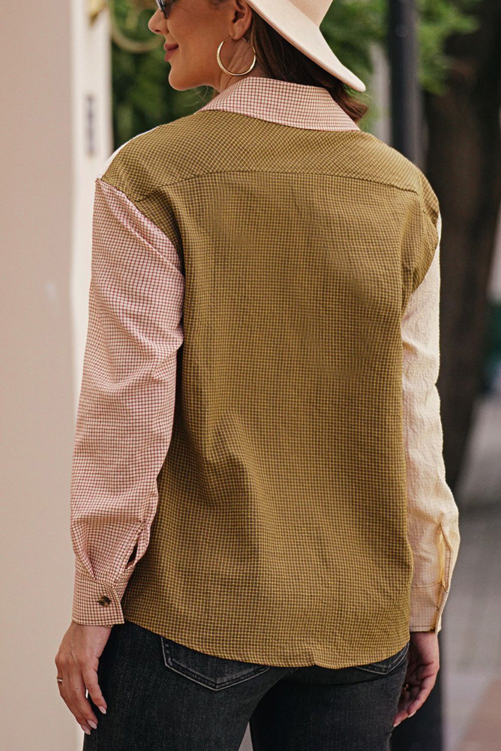 Contrast Plaid Button Down Long Sleeve Shirt - The Goddess Galleries
