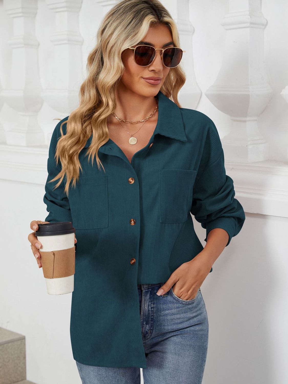 Button Up Long Sleeve Shirt with Breast Pockets - The Goddess Galleries