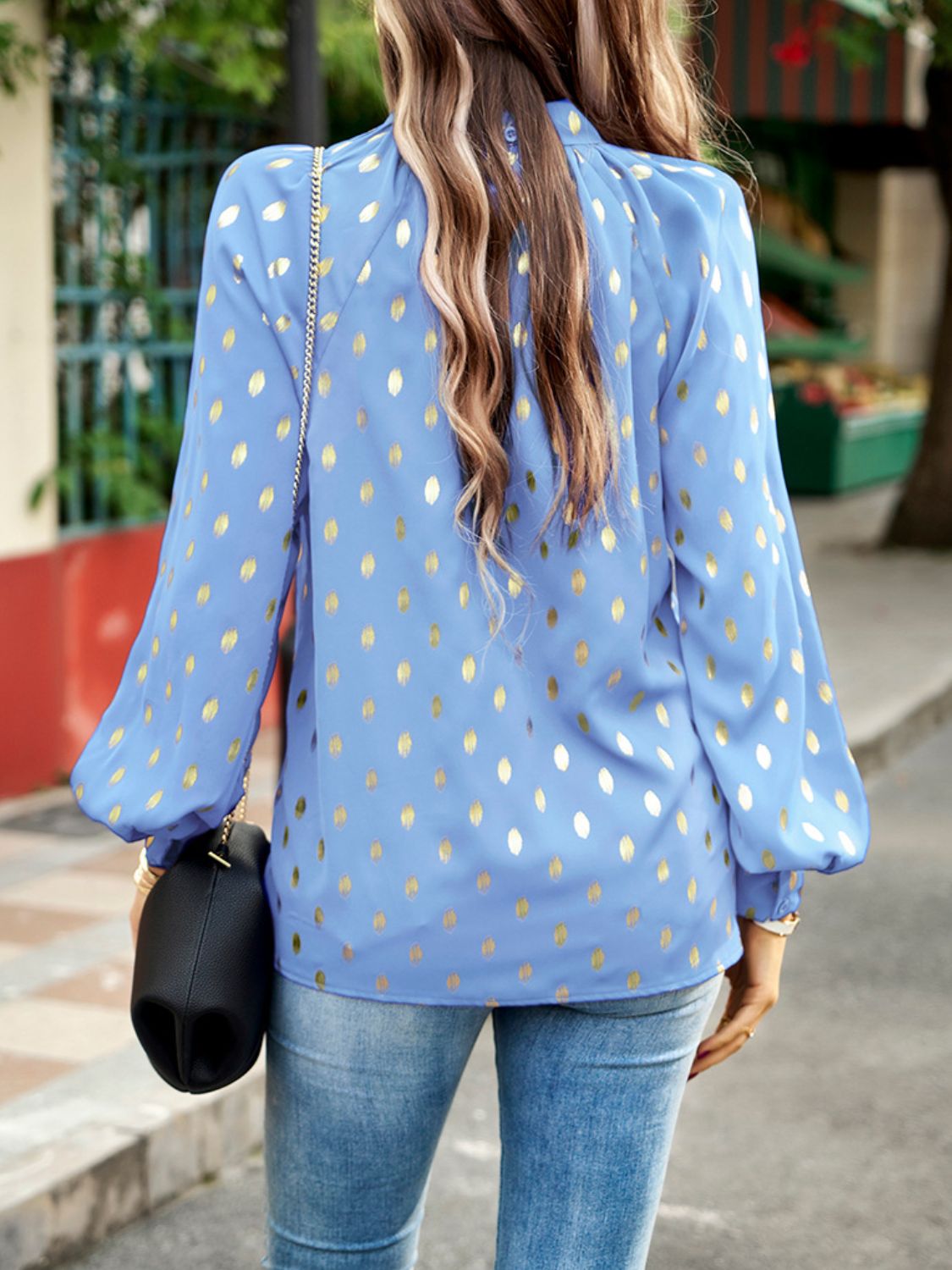 Devine Mock Neck Cutout Lantern Sleeve Blouse - The Goddess Galleries