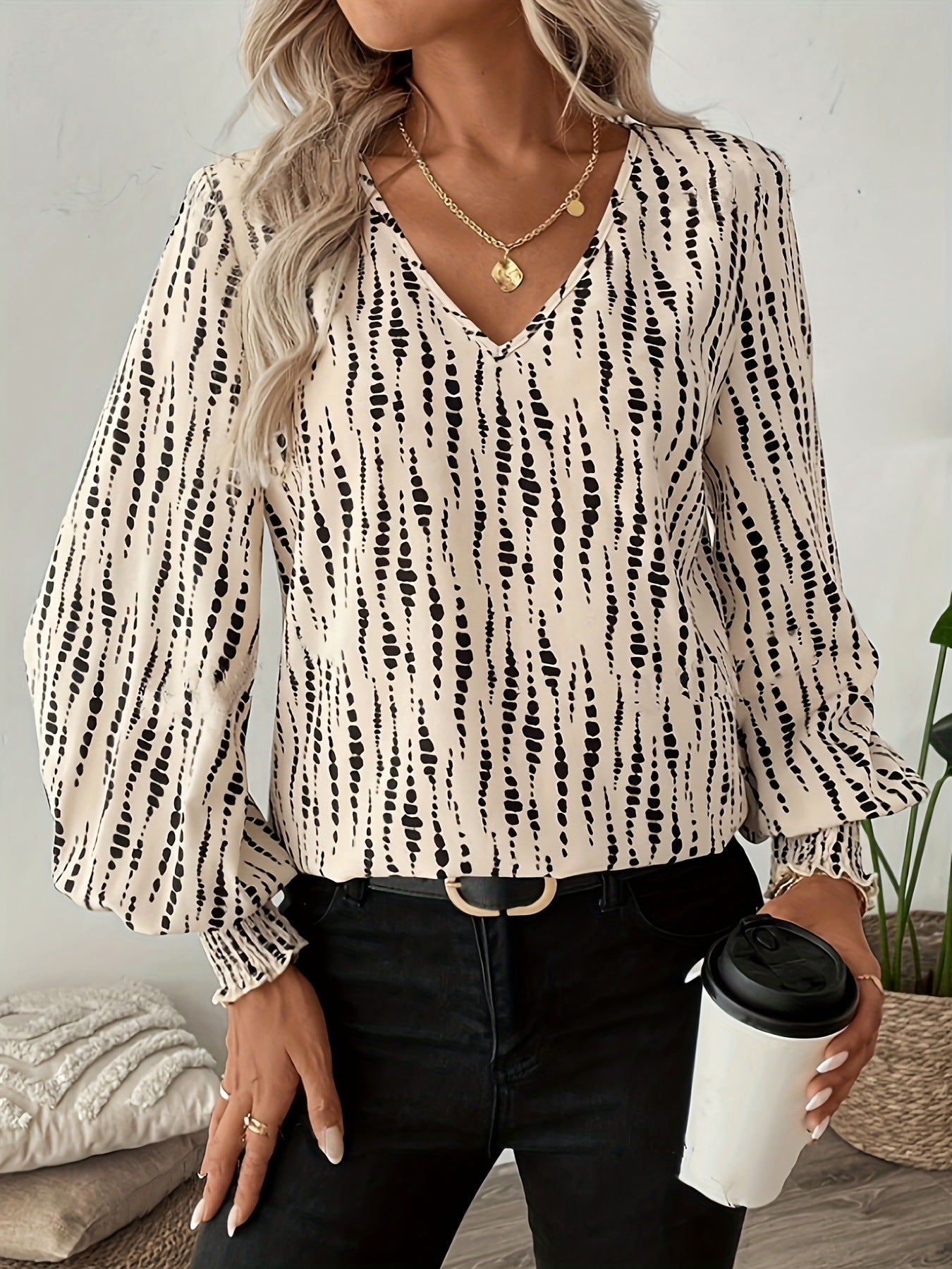 Printed V-Neck Lantern Sleeve Blouse - The Goddess Galleries