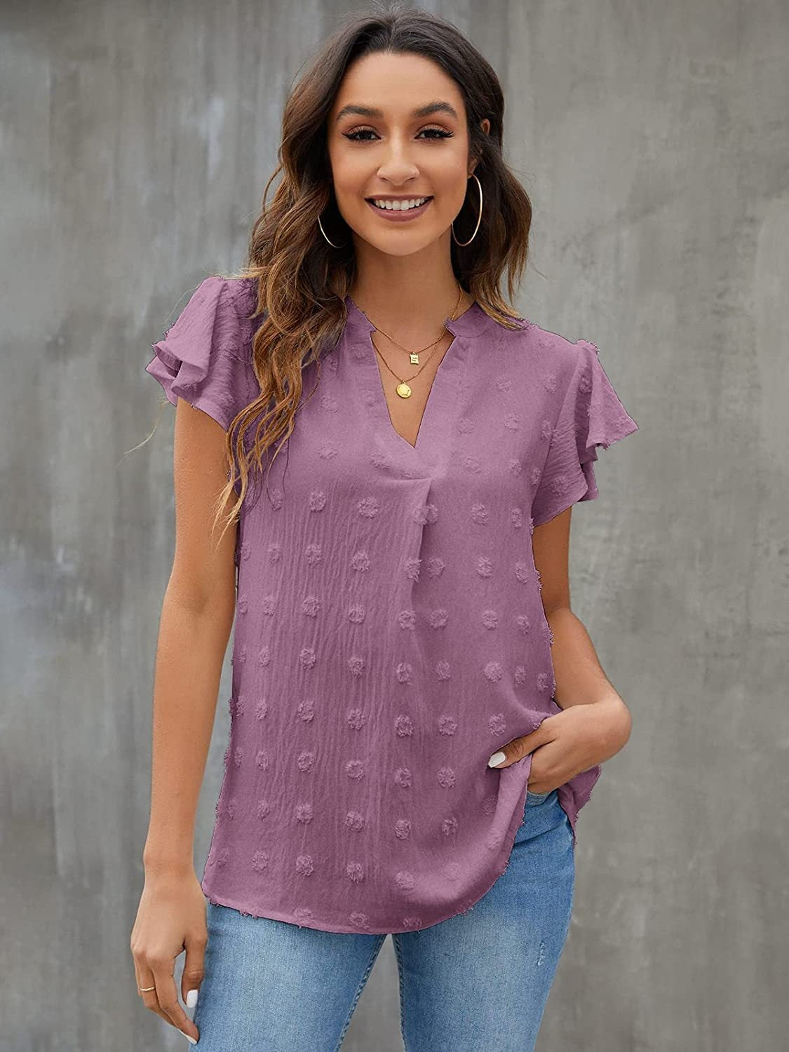 Swiss Dot Notched Flutter Sleeve Blouse - The Goddess Galleries