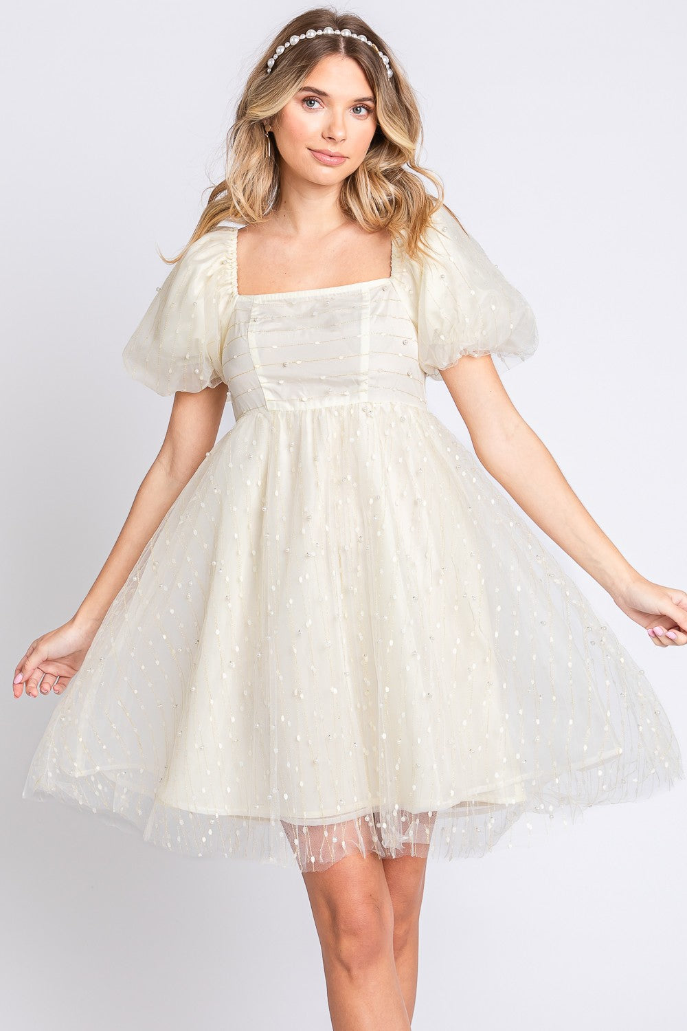 GeeGee Pearl Mesh Puff Sleeve Babydoll Dress - The Goddess Galleries