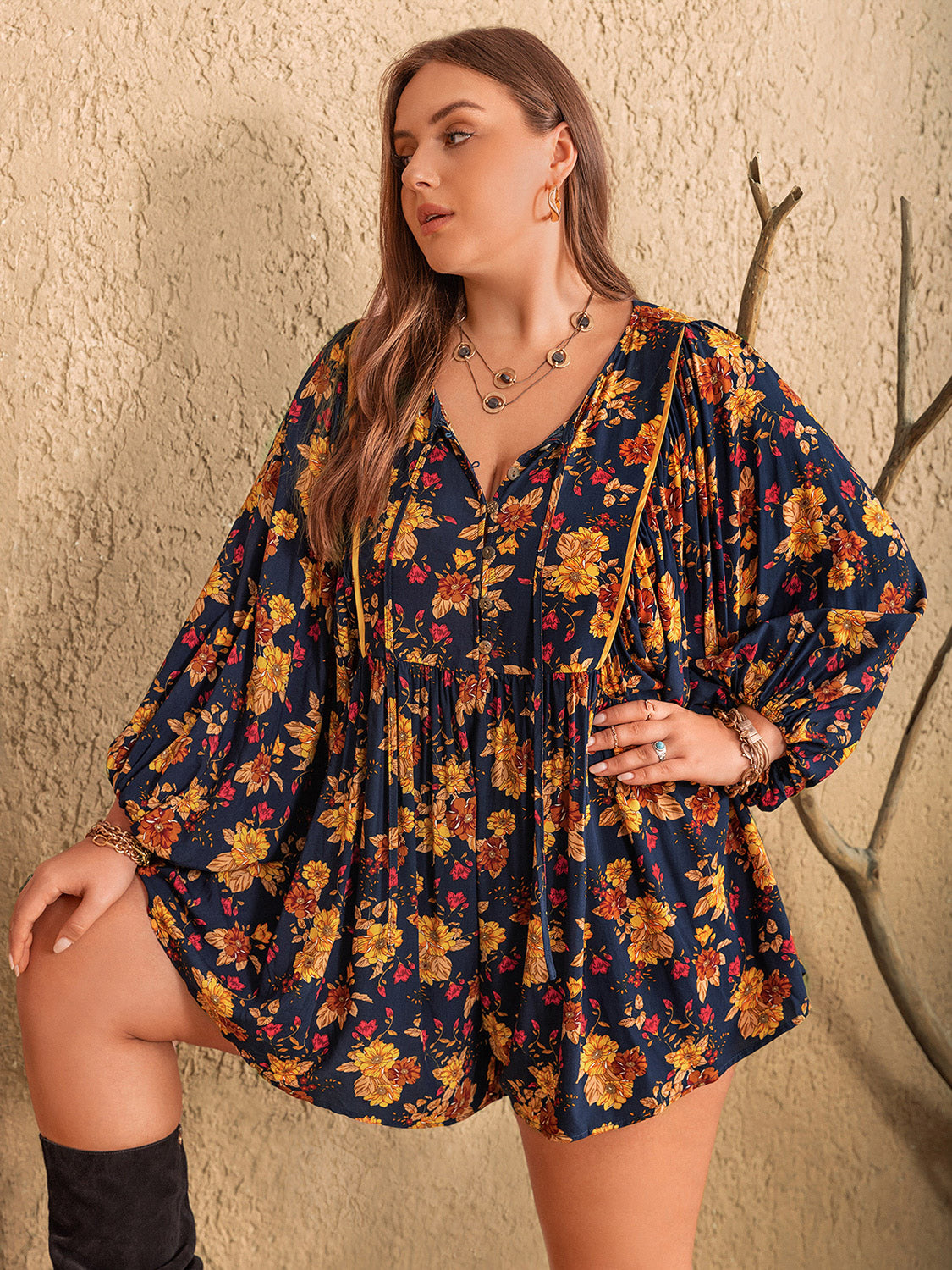 Plus Size Floral Tie Neck Balloon Sleeve Romper - The Goddess Galleries